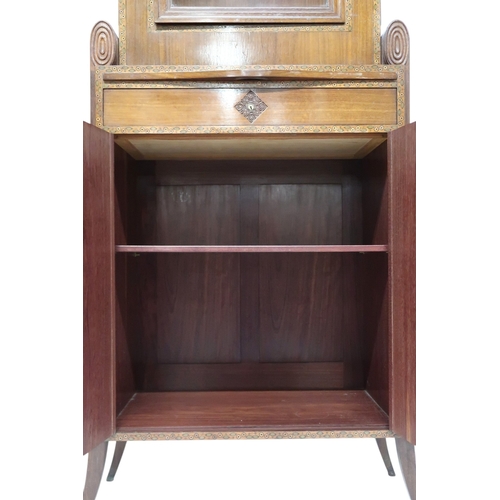 2043 - A PAIR OF EARLY 20TH CENTURY ART MAHOGANY AND FRUITWOOD INLAID DISPLAY CABINETSwith stepped tops ove... 