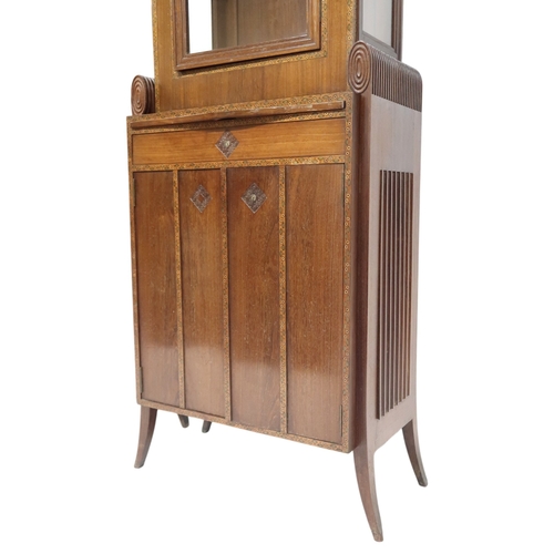 2043 - A PAIR OF EARLY 20TH CENTURY ART MAHOGANY AND FRUITWOOD INLAID DISPLAY CABINETSwith stepped tops ove... 