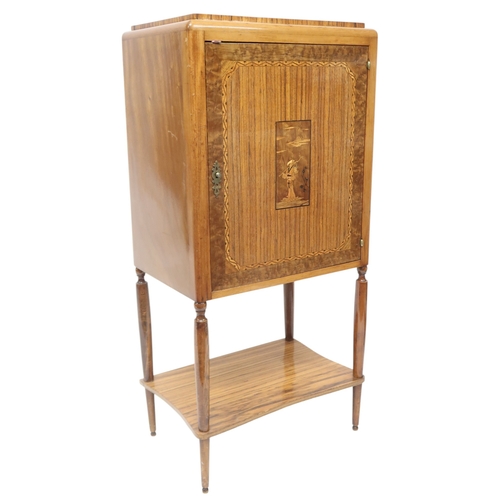 2044 - AN EARLY 20TH CENTURY MAHOGANY AND SAMPLE WOOD VENEERED RADIOGRAM CABINET with single door inla... 