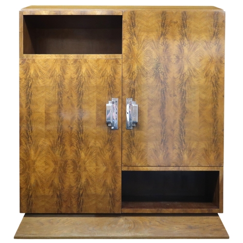 2049 - AN ART DECO FERNAND & GASTON SADDIER FLAME WALNUT VENEERED BOOKCASEwith chamfered top over pair ... 