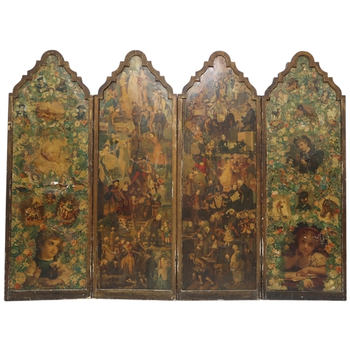 2050 - A VICTORIAN FOUR FOLD ROOM DIVIDER/DRESSING SCREENeach arched panel decoupaged with Victorian s... 