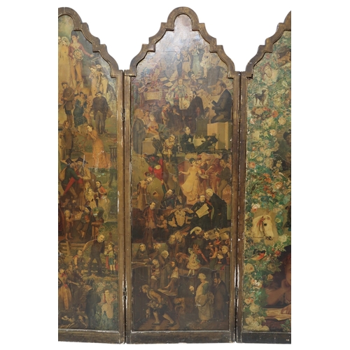 2050 - A VICTORIAN FOUR FOLD ROOM DIVIDER/DRESSING SCREENeach arched panel decoupaged with Victorian s... 