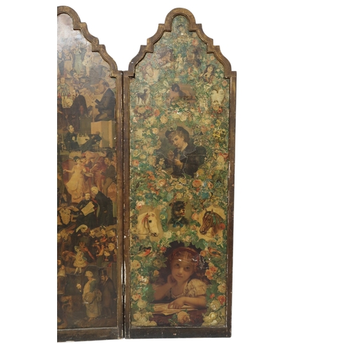 2050 - A VICTORIAN FOUR FOLD ROOM DIVIDER/DRESSING SCREENeach arched panel decoupaged with Victorian s... 