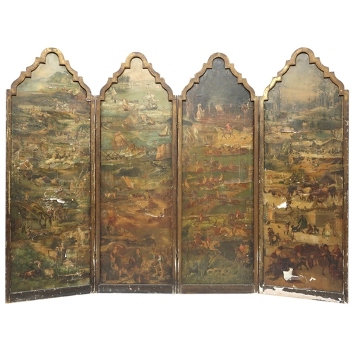 2050 - A VICTORIAN FOUR FOLD ROOM DIVIDER/DRESSING SCREENeach arched panel decoupaged with Victorian s... 