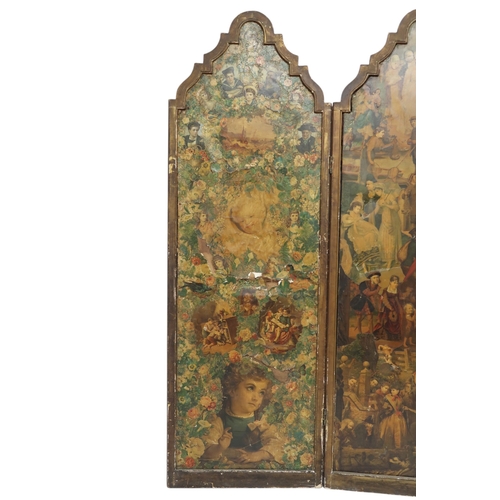 2050 - A VICTORIAN FOUR FOLD ROOM DIVIDER/DRESSING SCREENeach arched panel decoupaged with Victorian s... 