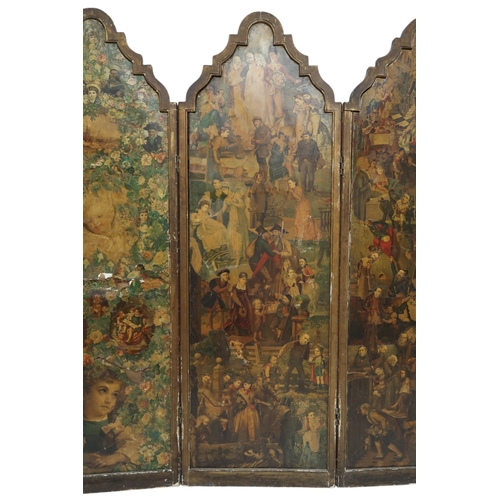 2050 - A VICTORIAN FOUR FOLD ROOM DIVIDER/DRESSING SCREENeach arched panel decoupaged with Victorian s... 