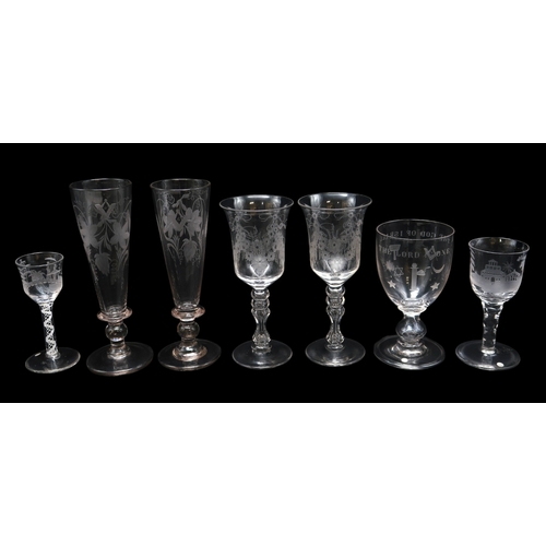 2220 - A COLLECTION OF 19TH CENTURY DRINKING GLASSESincluding a pair of wheat engraved tapering glasses, an... 