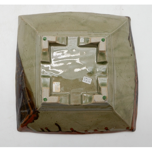 2231 - DAVID FRITH (B.1943) A STONEWARE DISHof square form decorated with stylised flowers within a cross h... 