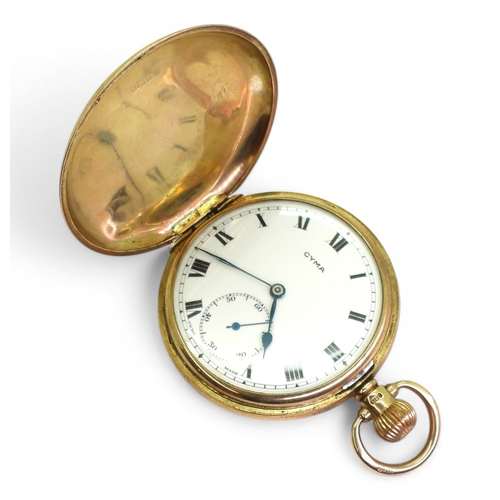 701 - A 9ct gold full hunter Cyma pocket watch, hallmarked Birmingham 1936, diameter 5cm, weight 90.7gms, ... 