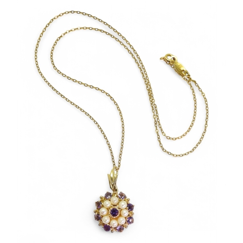 726 - A 9ct gold amethyst and pearl pendant on a 46cm 9ct gold chain, weight combined 4.6gms