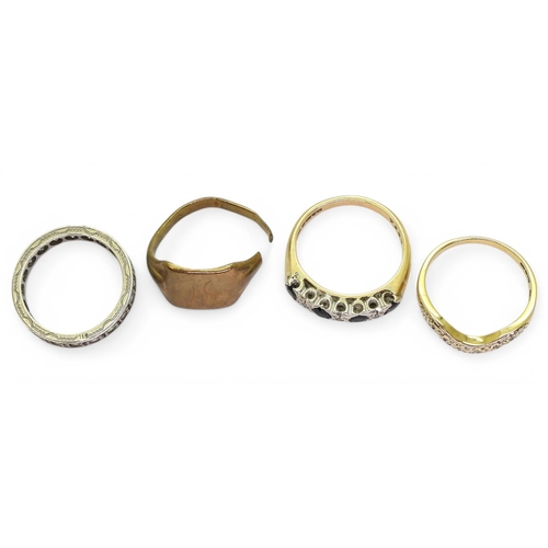 728 - Three 9ct gold rings, to include a sapphire and diamond accent size O, a wavy diamond accent set, si... 