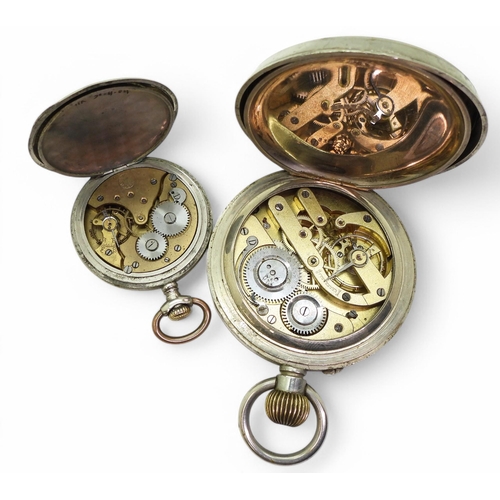 863 - A large open-face pocket watch, Goliath style, approx. 64mm across bezel (af), together with an Invi... 