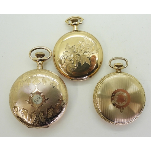 888 - Two gold-plated Rockford hunter cased pocket watches, one with leaf decoration, together with an ope... 