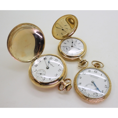 888 - Two gold-plated Rockford hunter cased pocket watches, one with leaf decoration, together with an ope... 