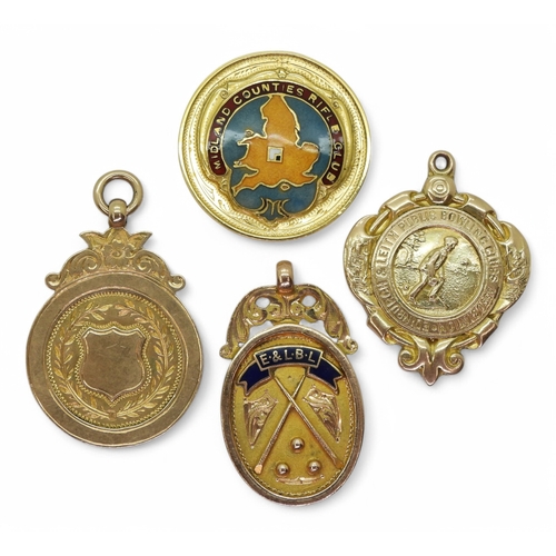 2559 - FOUR 9ct GOLD SPORTING MEDALSComprising an Edinburgh & Leith Billiards League enamel medal by Jo... 