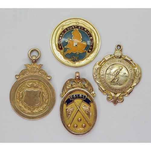 2559 - FOUR 9ct GOLD SPORTING MEDALSComprising an Edinburgh & Leith Billiards League enamel medal by Jo... 