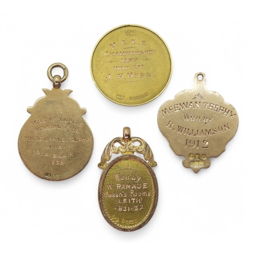 2559 - FOUR 9ct GOLD SPORTING MEDALSComprising an Edinburgh & Leith Billiards League enamel medal by Jo... 