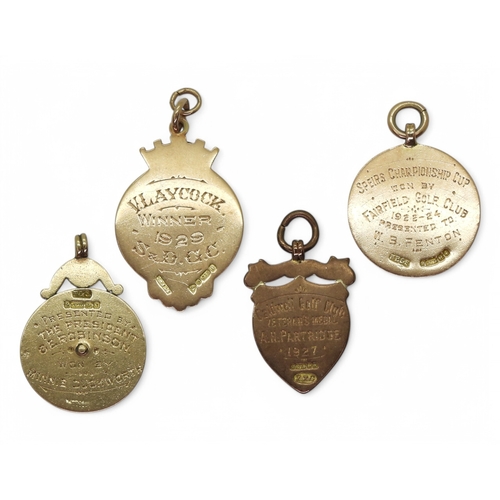 2560 - FOUR 9ct GOLD GOLFING MEDALSComprising a Baildon Golf Club 1905 ladies' enamelled medal by Fattorini... 