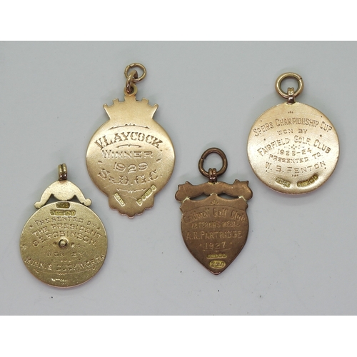 2560 - FOUR 9ct GOLD GOLFING MEDALSComprising a Baildon Golf Club 1905 ladies' enamelled medal by Fattorini... 