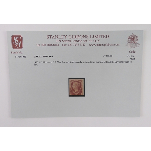 7000 - GREAT BRITAIN SG 51a Mint<br />1870 1 1/2d rose red PL.1. Very fine and fresh unused original glue i...