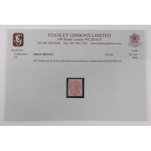 7004 - GREAT BRITAIN SG 144 Mint<br />1875 3d pale rose PL. 18. Very fine and fresh unmounted original glue...