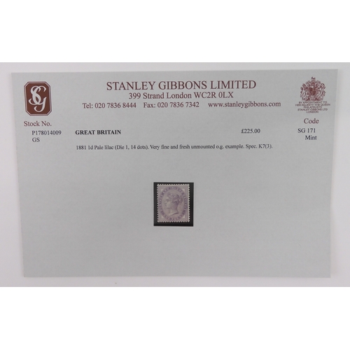 7008 - GREAT BRITAIN SG 171 Mint<br />1881 1d pale lilac (die 1, 14 dots). Very fine and fresh unmounted or...