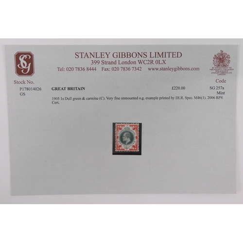 7009 - GREAT BRITAIN SG 257a Mint<br />1905 1 s dull green & carmine (C).  Very fine unmounted o.g. exa...