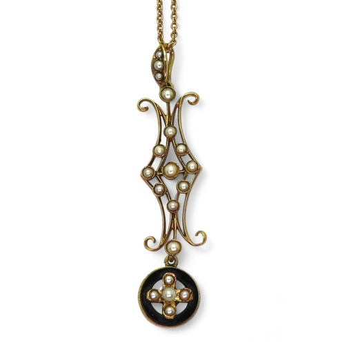 2775 - A PEARL AND ONYX PENDANTmade in 14k gold the central ring of onyx is set with a pearl set cross, wit... 