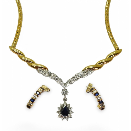 2778 - A SAPPHIRE & DIAMOND SUITEcomprising of an 18ct gold necklet with twisted detail, set with diamo... 