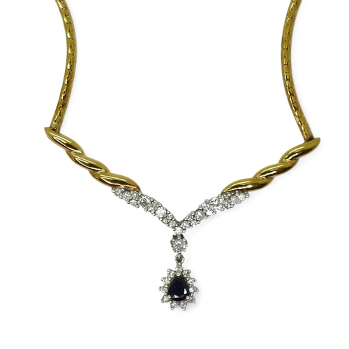 2778 - A SAPPHIRE & DIAMOND SUITEcomprising of an 18ct gold necklet with twisted detail, set with diamo... 