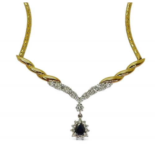 2778 - A SAPPHIRE & DIAMOND SUITEcomprising of an 18ct gold necklet with twisted detail, set with diamo... 