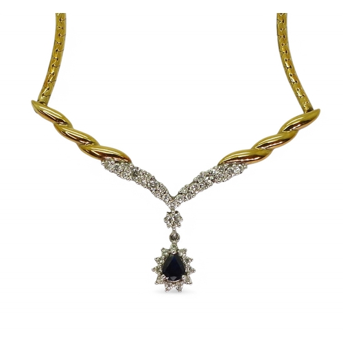 2778 - A SAPPHIRE & DIAMOND SUITEcomprising of an 18ct gold necklet with twisted detail, set with diamo... 