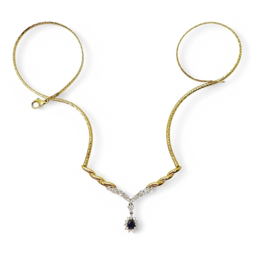 2778 - A SAPPHIRE & DIAMOND SUITEcomprising of an 18ct gold necklet with twisted detail, set with diamo... 