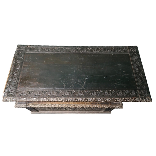 18 - A 20th century ebonised metamorphic monks bench (def), 99cm high x 106cm wide x 51cm deep