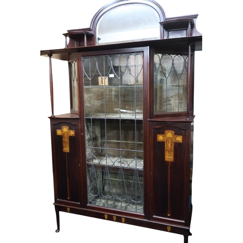 33 - A late Victorian mahogany Arts & Crafts display cabinet with arched mirrored superstructure over... 