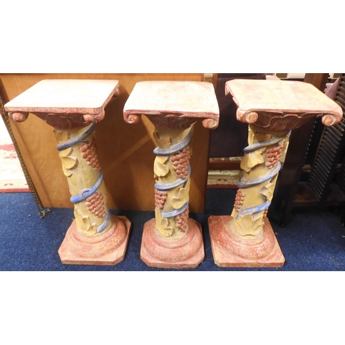 78 - A lot of three 20th century painted jardiniere stands with square tops on carved columns decorated w... 