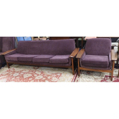 83 - A mid 20th century two piece afromosia teak framed suite consisting four seater settee (def), 75cm h... 