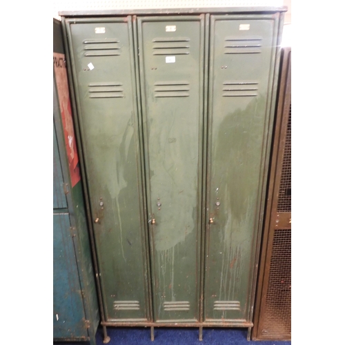 86 - A 20th century steel three door locker cabinet, 184cm high x 95cm wide x 34cm deep