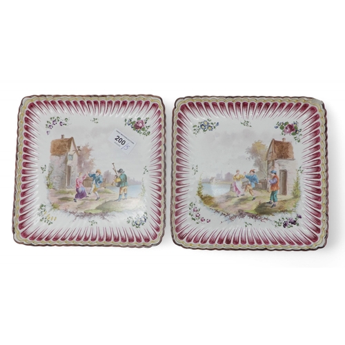 200 - A pair of Veuve Perrin style plates, of square form, decorated with dancing couples, a Royal Wo... 