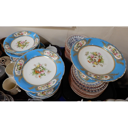 239 - A part dessert service with turquoise band painted with flowers, assorted glassware, a Coalport Fels... 