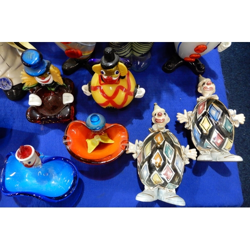 287 - A large ceramic clown, Murano glass clown figures and dishes etc