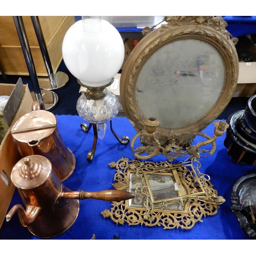 307 - A gilt gesso mirror, a gilt metal mirror, a brass frame, a metal figural door stop, an oil lamp, snu... 