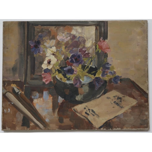 928 - ATTRIBUTED TO ARCHIBALD PEDDIE (SCOTTISH 1917-1991) STILL LIFE WITH LETTER AND VASE OF FLOWERS&... 