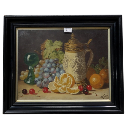 933 - CHARLES THOMAS BALE (BRITISH fl.1866-1892) STILL LIFE WITH FRUITS AND JUG Oil on canvas, s... 