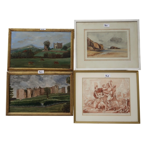 949 - A VARIOUS LOT  To include a watercolour by Dennis Curry, prints of The Pilgrim's Progress by John Bu... 