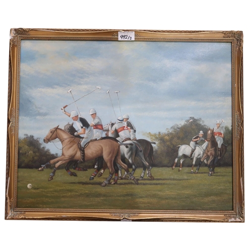 992 - CONTEMPORARY SCHOOL JOCKEY, HORSE AND GROOM Oil on board, signed lower right 'A. Horn', 43... 