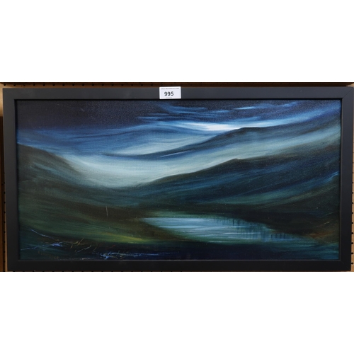 995 - ANGELA LAWRENCE (SCOTTISH CONTEMPORARY) GLOOMY LANDSCAPE Oil on canvas, signed lower left, 30 x 60cm... 