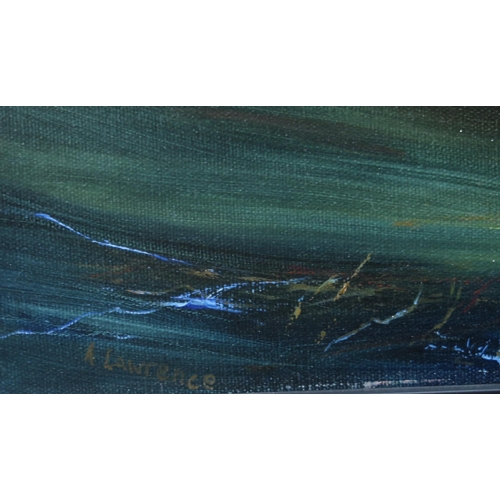 995 - ANGELA LAWRENCE (SCOTTISH CONTEMPORARY) GLOOMY LANDSCAPE Oil on canvas, signed lower left, 30 x 60cm... 