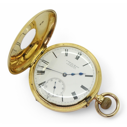 2849 - A HALF HUNTER POCKET WATCHmade in 18ct gold hallmarked Chester 1904, enamel chapter ring to out case... 