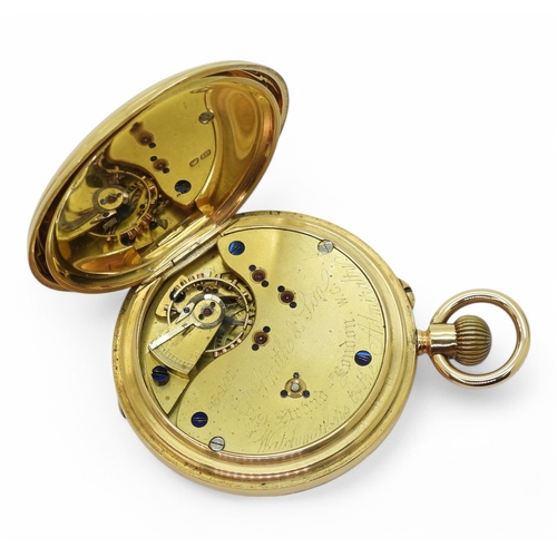 2849 - A HALF HUNTER POCKET WATCHmade in 18ct gold hallmarked Chester 1904, enamel chapter ring to out case... 